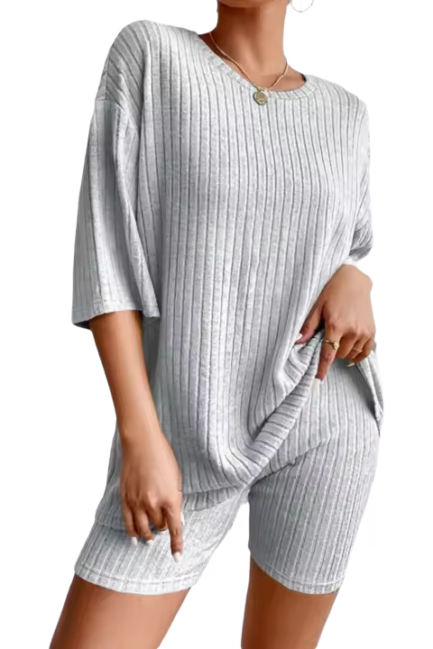 Elrachen Conjunto de salón de dos piezas holgado acanalado gris para mujer, gris, tallas S-XL - 1