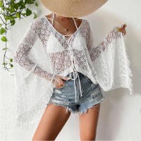 Vestido playero de ganchillo para mujer: envoltura holgada de bikini de manga larga con lazo de borlas, mangas acampanadas y protección solar - details 8
