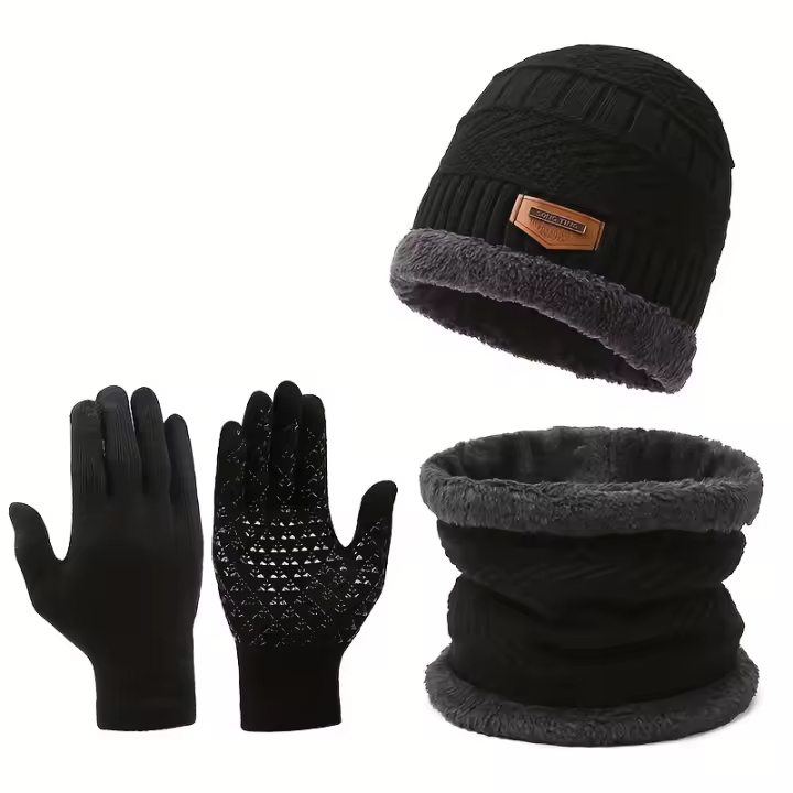 Guantes Táctiles de Color Sólido para Hombres y Mujeres Conjunto de 3 Piezas Cálido para Ciclismo al Aire Libre Invierno Plus Veet Engrosado Scarf Hat - 1