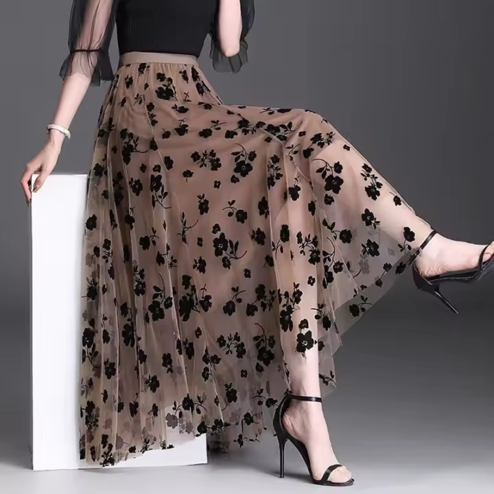 Falda de tul coreana para mujer, Falda Midi holgada con gancho Floral, elegante e informal, combina con todo, novedad de verano - 1