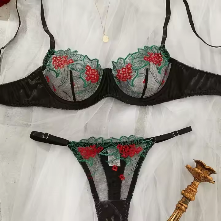 Conjunto de sujetador de encaje Floral, lencería elegante, ropa interior de lujo bien llamativa, conjuntos exóticos de encaje fino de Hada erótica Sexy, sujetador transparente - 1