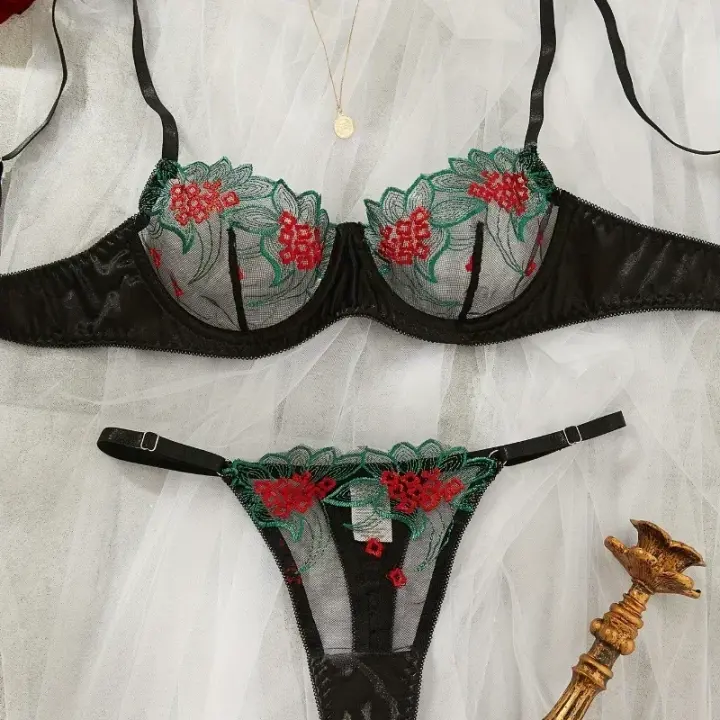 Conjunto de sujetador de encaje Floral, lencería elegante, ropa interior de lujo bien llamativa, conjuntos exóticos de encaje fino de Hada erótica Sexy, sujetador transparente - 1