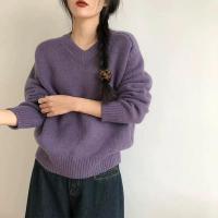 Otoño/Invierno nuevo suéter de cachemira de las mujeres con cuello en V Jersey de punto de lana pura Tops gruesos Casual suelta moda coreana - details 3