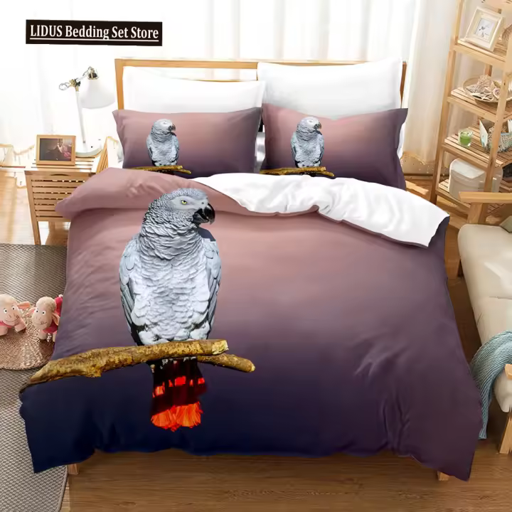 Juego de funda nórdica con estampado 3D de pájaros, serie de loros con tema de animales salvajes, funda de edredón de poliéster King para niños y niñas, juego de cama - 1