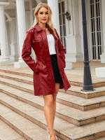 Gabardina cortavientos de piel sintética para mujer, chaquetas con cinturón, abrigo largo medio - details 16