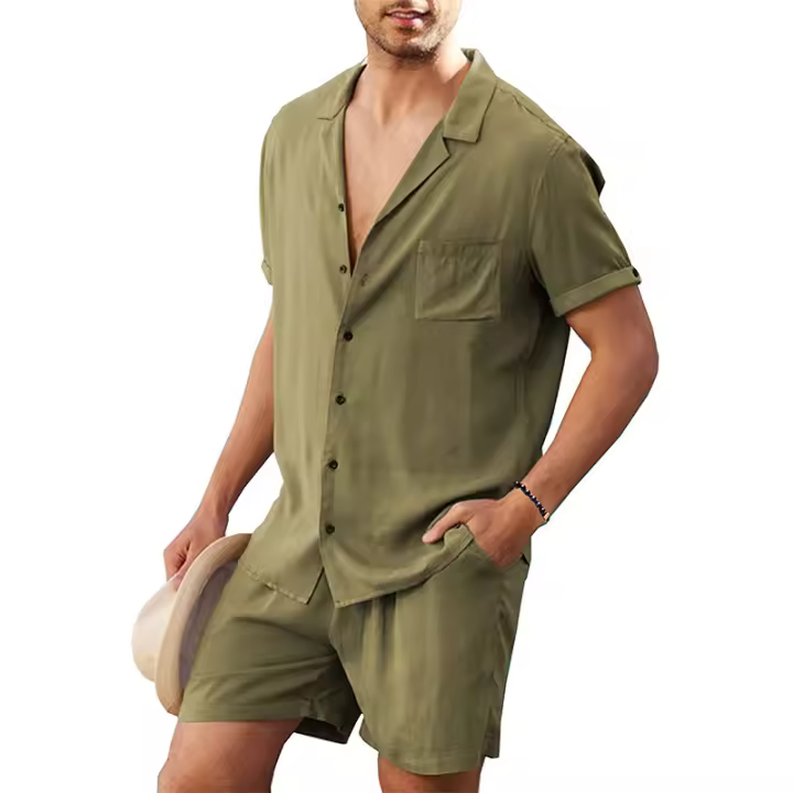 Camisa de Lino de Manga Corta para Hombre Traje de Lino de Verano Informal - 1
