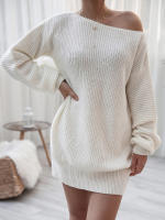 Vestido de suéter suelto de manga larga con cuello oblicuo para mujer, Mini Vestidos de punto casuales, Color sólido, Otoño e Invierno - details 3