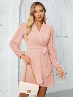 Elegante Vestido Corto para Mujer con Cuello en V Color Sólido Manga Larga - details 1