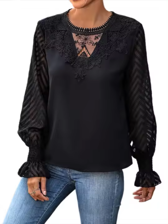 Blusa de manga larga para mujer, primavera y verano, nueva blusa de cuello redondo para mujer, camisas negras empalmadas a la moda - 1