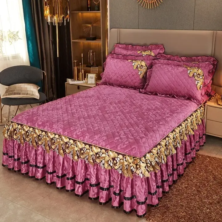 Colcha cálida de felpa para la cama, funda de almohada de algodón bordada, estilo falda, gruesa, Invierno - 1