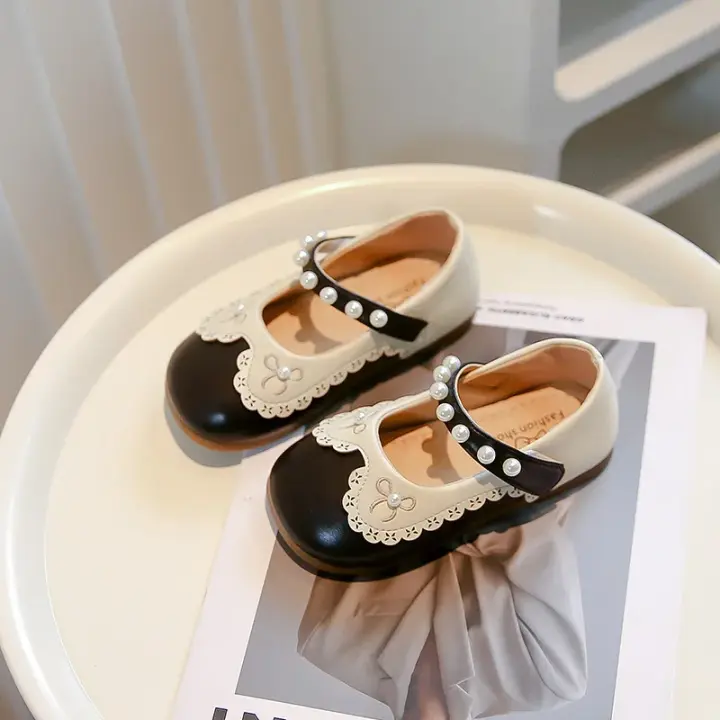 Zapatos de princesa con lazo de perlas de cuero para niño y niña, antideslizantes, multifuncionales, elegantes, estilo coreano, 2024 - 1