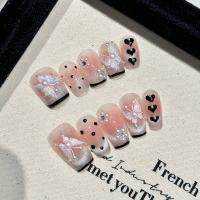 Uñas Postizas Cortas Francesa Con Decoración De Mariposa Blanca Y Rosa Dulce Press on Nails Hechas a Mano Uso Único Estilo Gato - details 0