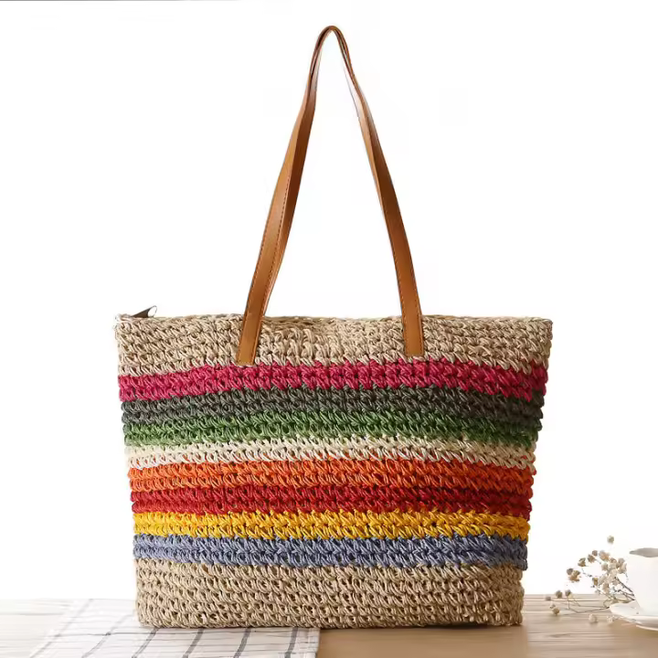 Bolso informal con rayas de contraste de arcoíris para mujer, tejido de hierba de un hombro, playa, bosque, serie, nuevo - 1