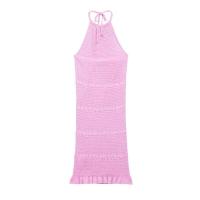 Vestido de estilo vacacional sin mangas con cuello halter y espalda descubierta de punto delgado 2025 para mujer. - details 2