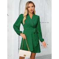 Vestido corto elegante para mujer con cuello en V manga larga de color sólido - details 4