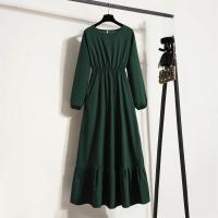 Vestido largo ajustado a la cintura con jersey de manga larga de color liso para mujer - details 16