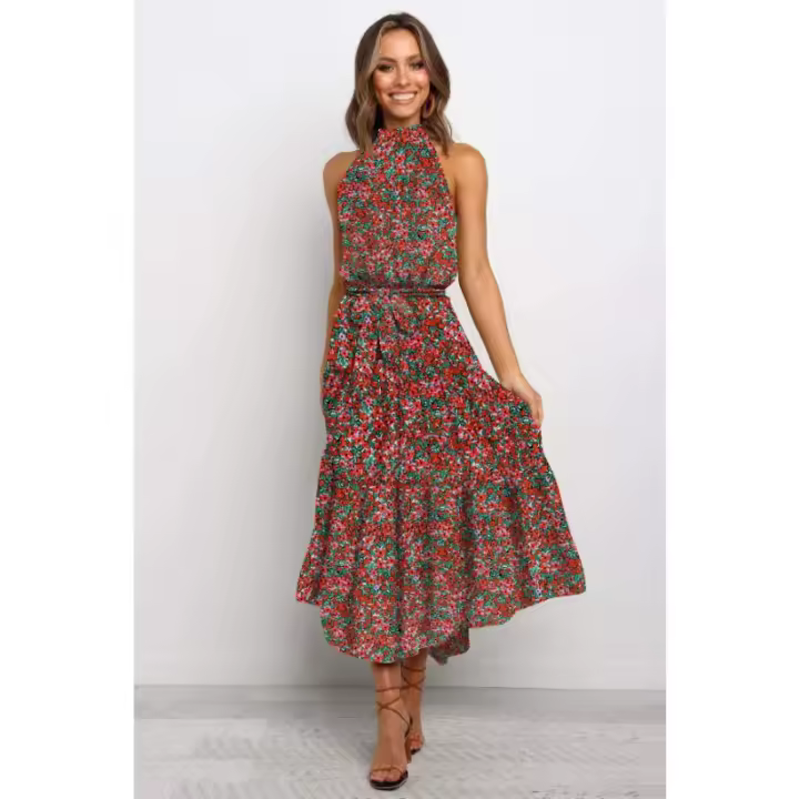 Vestido largo de mujer europea y americana 2025, nuevo vestido con cordones, estampado de lunares y cuello. - 1
