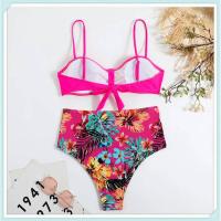 Conjunto de bikini bandeau liso, estampado tropical sexy, traje de baño mejorado para mujer, traje de baño de cintura alta con encaje en la espalda, ropa de playa - details 3