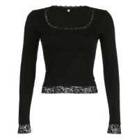 Camiseta corta negra con costuras de encaje Vintage para mujer, camiseta básica ajustada de manga larga, camiseta lisa informal - details 1