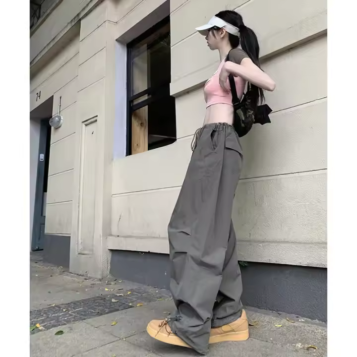 Pantalones de chándal de pierna ancha holgados informales grises, ropa de calle de cintura baja con cordón, pantalones Cargo, pantalones Hippie para correr para mujer - 1