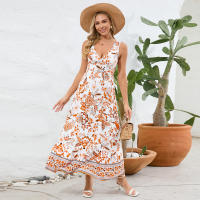 Vestidos largos bohemios para mujer, cuello en V, sin mangas, cintura alta, Maxi, estampado naranja, playa, S - details 7