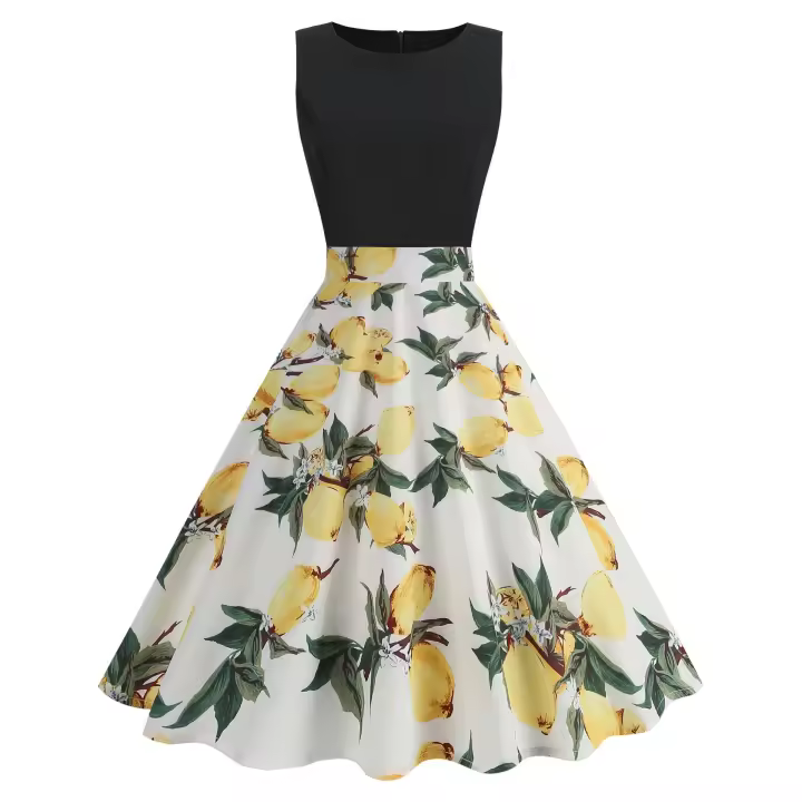 Falda con vuelo grande y cintura ceñida con estampado de flores y retazos sin mangas con cuello redondo para mujer - 1