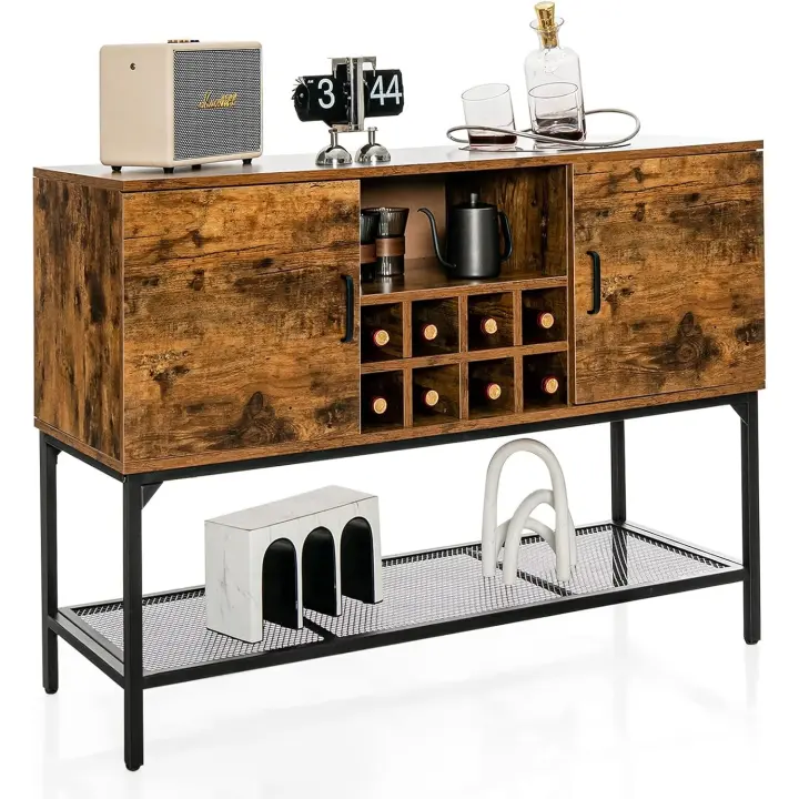 Aparador Industrial de Metal Resistente 2 Puertas, Botellero para 8 Botellas de Vino, Estante de Malla, Armario de Cocina con Base Ajustable 120×40×85cm - 1