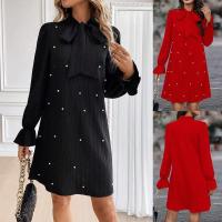 Vestido de color sólido de manga larga con cuentas y cordones para mujer - details 1