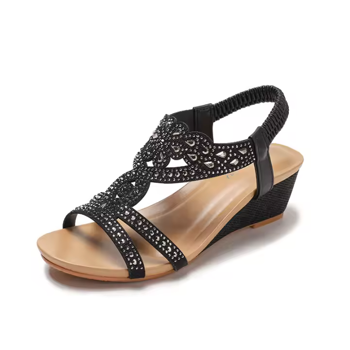 Sandalias de moda con tacón de cuña, zapatos romanos con banda elástica de diamantes de imitación retro de la nueva ola de verano - 1