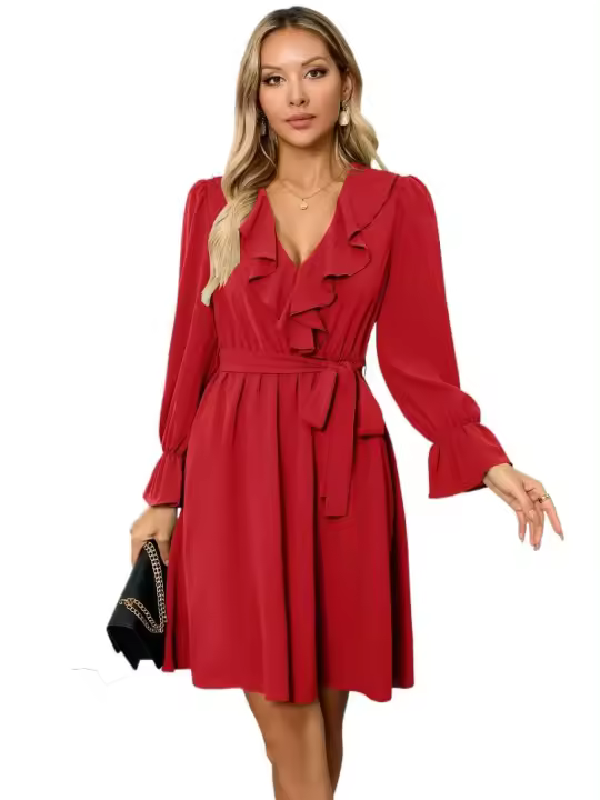 Vestido elegante y bonito con cuello en V para mujer, vestidos informales de manga larga de Color sólido, liquidación - 1