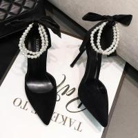 Zapatos de tacón negros para mujer, novedad de verano 2023, diseño de marca, cuentas, perlas, boda, tacones altos nupciales, zapatos sexis de punta estrecha para fiesta y baile - details 1