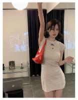 Elegante Vestido de Algodón Puro con Bordado de Letras Chic de Verano Cuello Redondo Delgado, Manga Corta Versátil, Color Sólido, Moda para Mujeres - details 5