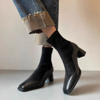 Botas de tacón alto francesas de cuero Botas ajustadas elásticas de tacón cuadrado - details 15