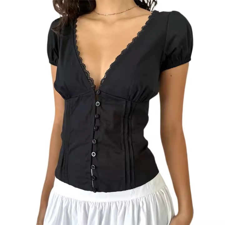 Camisa informal de verano de Color sólido para mujer, manga corta, cuello en V profundo, cinta Ence, Tops cortos dulces de fiesta con botones - 1
