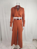 Women casual 2 pieces set elegant turn down collar long sleeve shirt and wide leg pants - details 21