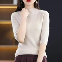 Suéter de mujer, jerséis de punto para primavera y verano, camisas ajustadas con cuello alto, jerséis de punto suaves de manga corta - details 0
