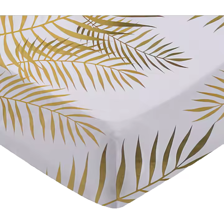 Sábana Bajera Ajustable de Poliéster Suave Patrón de Hojas Tropicales Oro Blanco Ideal para Cama - 1