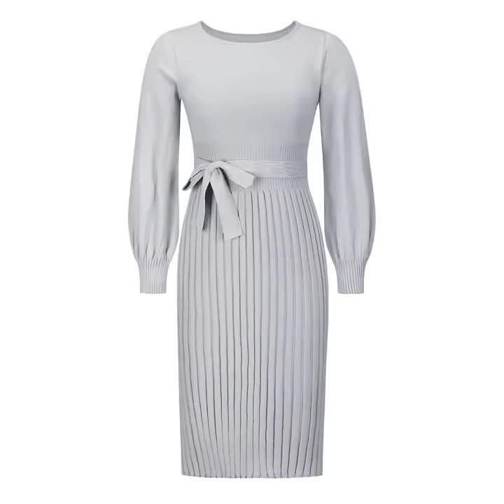Vestido plisado de manga farol para mujer, estilo urbano, forma adelgazante, gris S - 1