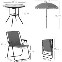 6 Piezas Muebles de Jardín Exterior con 4 Sillas Plegables Mesa de Vidrio y Sombrilla para Terraza Patio Gris - details 1