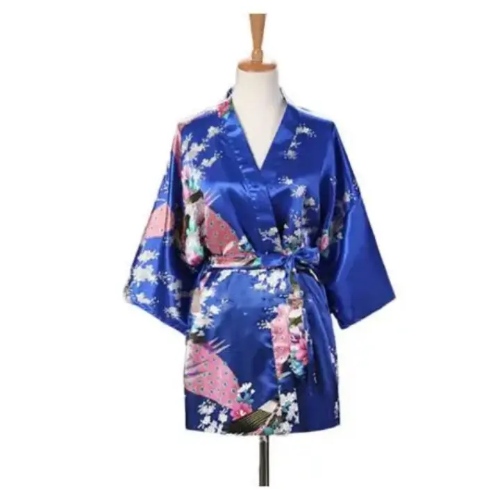 Kimono Estampado de Pavo Real para Mujer Ropa de Dormir Corta de Saten de Seda Camisón de Casa - 1