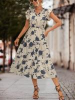 Vestido Bohemio de Manga de Volante para Mujer Ligero, Transpirable, Escote en V, Mangas de Volante, Ideal para Playa o Ciudad - details 5