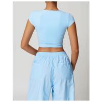 Top corto de manga corta con logo personalizado para mujer, camiseta de yoga ajustada de alta elasticidad, camiseta corta de fitness para correr y gimnasio - details 5