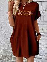 Vestido holgado de verano para mujer, estampado de letras GUEESS Los Ángeles, cuello redondo, manga corta, bolsillo, cómodo, informal, de talla grande - details 5