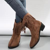 Botas de mujer con punta redonda y tacón grueso con tachuelas de ante, estilo retro jeans western, novedad - details 1