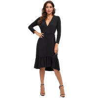 Vestido ajustado de manga larga con cuello en V y ribete de volantes, de color sólido y talla grande, para el trabajo, primavera 2025. - details 4