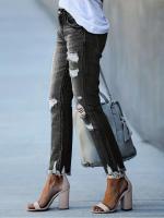 Pantalones vaqueros ajustados recortados con dobladillo crudo rasgados, pantalones ajustados de cintura alta, ropa de mezclilla para mujer - details 1