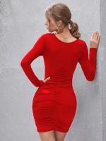 Minivestido ajustado de manga larga con cuello cuadrado para mujer, traje de fiesta fruncido plisado, tubo rojo - details 5