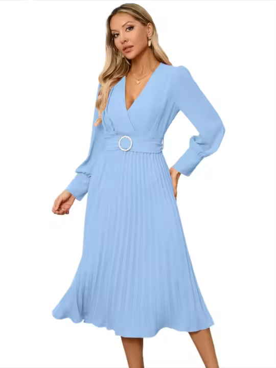 Vestido largo Vintage de manga larga con cuello en V para mujer, ropa de Color liso, primavera y otoño, 2025 - 1