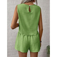 Conjunto casual de dos piezas para mujer, camiseta sin mangas de lino y algodón sólido de color y pantalones cortos. - details 7