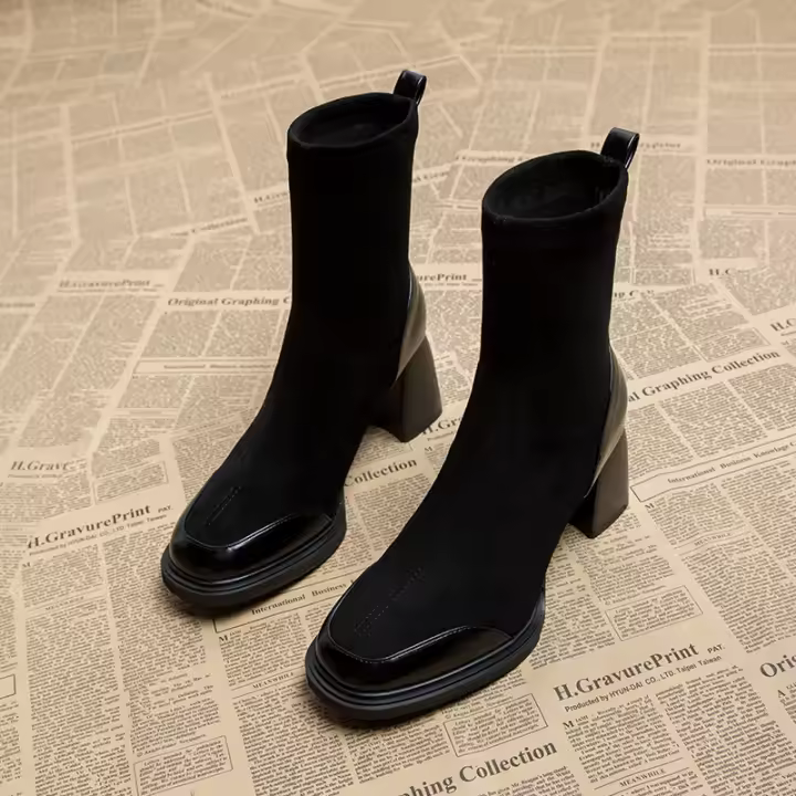 Botas de cuero ajustadas para mujer Botas cortas de gamuza con tacón alto y grueso - 1